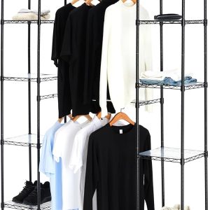 Expandable Adjustable Metal Hanging Rack with Shelves – Closet Organizer for Bedroom, Laundry, or Garage